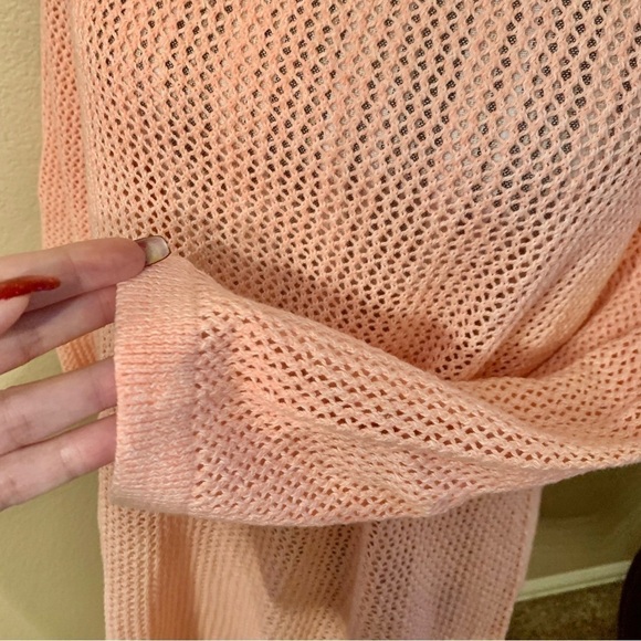 Talbots Sweater Small Coral Knit Crochet design Long BoatNeck 3/4 Sleeve Slits - Picture 9 of 16